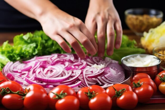 Hand arranging onions on the top of a taco salad