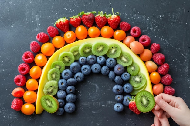 Foto una mano che dispone un arcobaleno di frutta su un tavolo