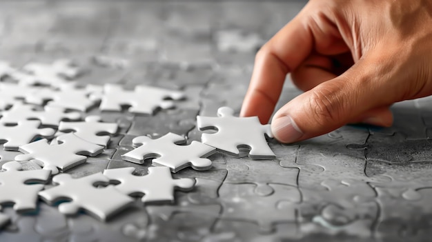 hand arranging white puzzle pieces on grey surface concept of organization planning and strategic problemsolving