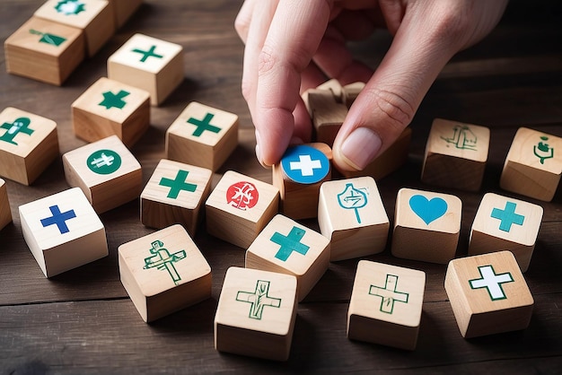 Hand arranging wood block with healthcare medical icon Health insurance concept