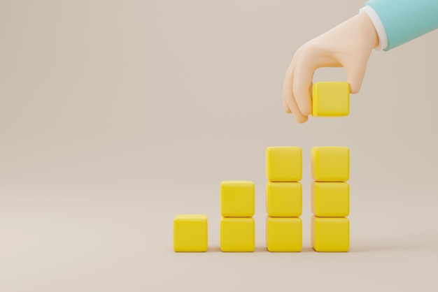 Impilamento a mano di blocchi gialli come scala a gradini sullo sfondo concetto di business per il processo di successo della crescita rendering 3d