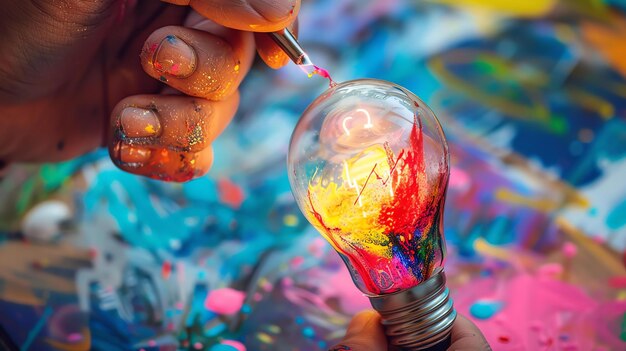 Photo hand of an artist holding a paintbrush and painting a light bulb with bright colors the light bulb is painted in red yellow blue and green