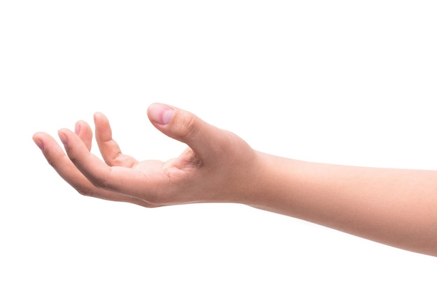 Hand asks for alms isolated on white wall. Poverty, bankruptcy and beggars concept. Gesture and body language.