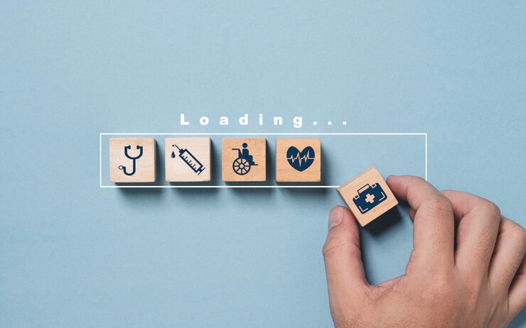 Hand assemble health icon inside loading bar for healthcare and insurance development concept