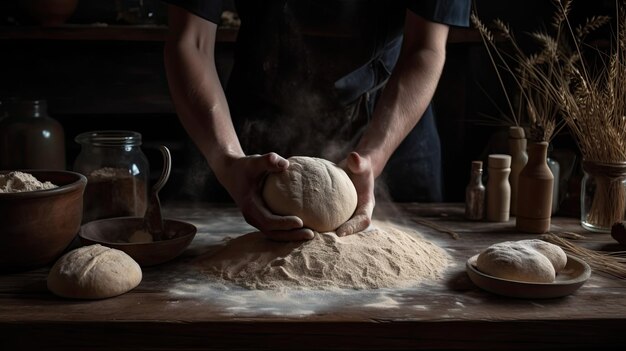 Hand of baker kneading dough to make bread