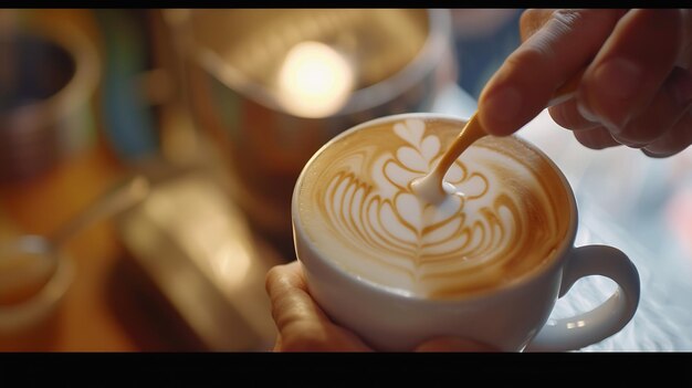 Hand on Barista making latte cafe Cup of coffee with beautiful Latte art on white cu Generative AI