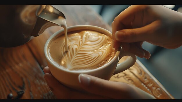 Photo hand on barista making latte cafe cup of coffee with beautiful latte art on white cu generative ai