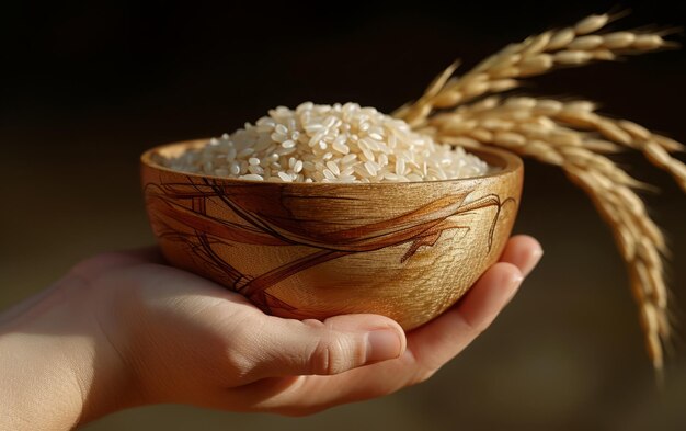 Hand Bearing a Wooden Bowl Abundant with Raw White Rice and Bundles of Wheat