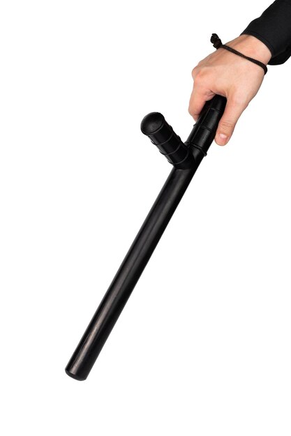 Photo hand in black shirt with black rubber police baton isolated on white background