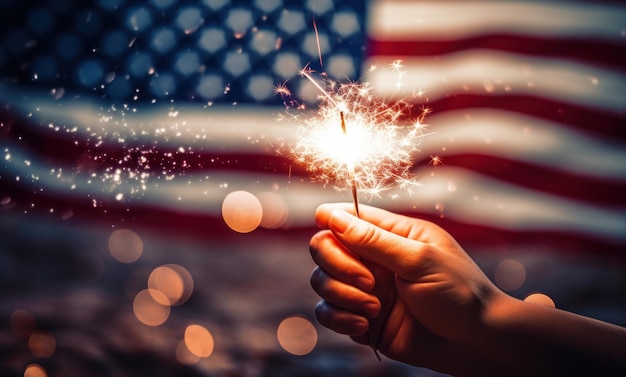 Foto hand blazen van vonken met amerikaanse vlag en vuurwerk