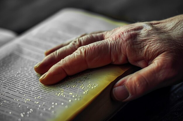 Hand of blind person reading a book in braille system