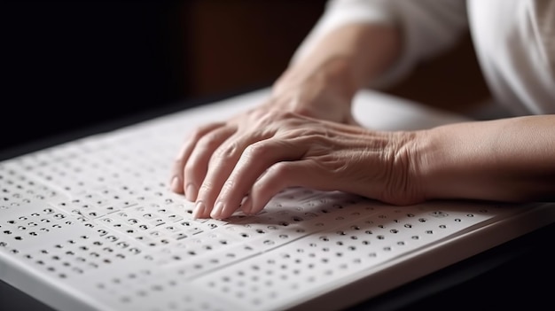 Photo hand of a blind person reading some braille text touching the relief generative ai