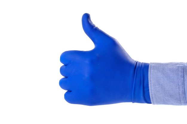 Photo hand in blue rubber glove with thumb isolated on white closeup