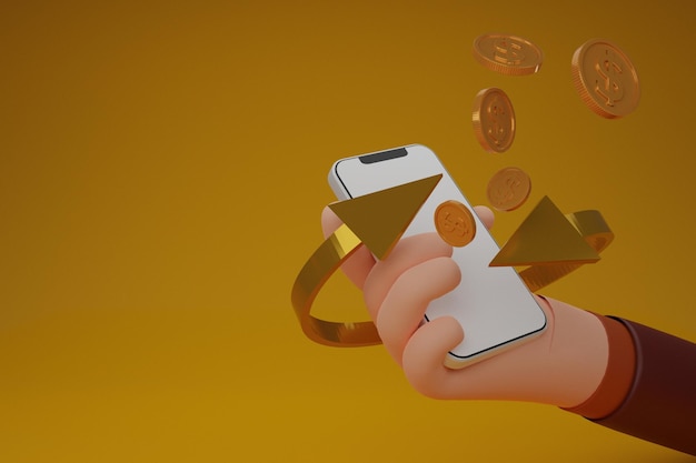 Hand of business holding smartphone with blank display and Fly golden coin cryptocurrency transfer payment via a smartphoneMobile phone bankwalletisolated background3d Rendering