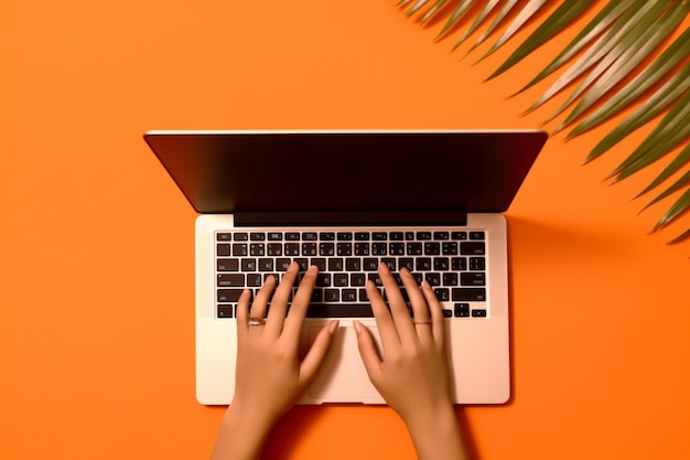 Hand business orange leaf keyboard background laptop palm hipster office computer Generative AI