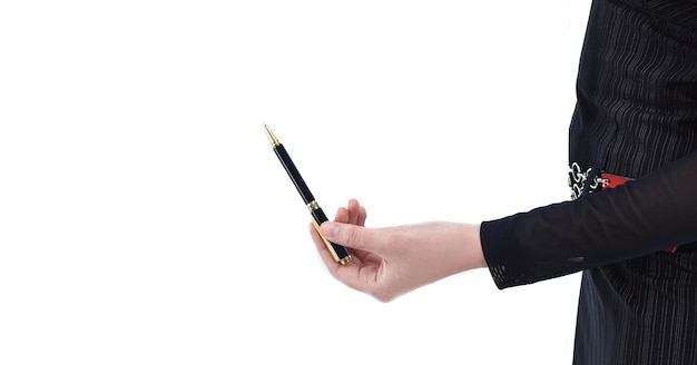 Photo hand of business woman pointing with pen at a point on the blank screen