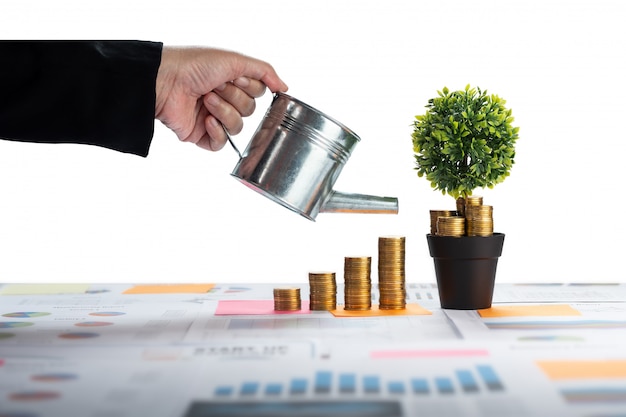 Hand of business woman watering a coins and money growing 