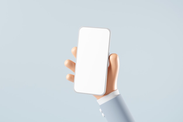 Hand of businessman holding blank smartphone on blue background