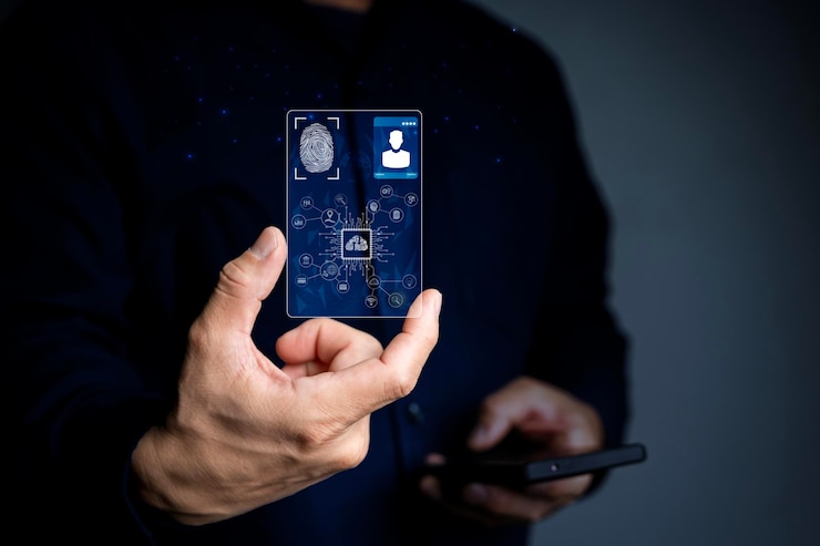 Photo hand of businessman holding digital identification card and technology network