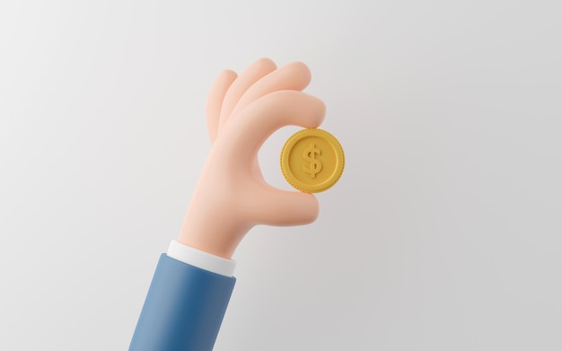 Hand of businessman holding a dollar coin on white background 3d illustration