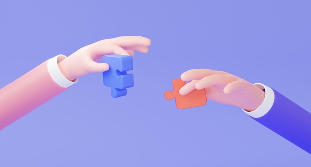 Hand businessman holding jigsaw puzzle pieces brainstorming teamwork partnership concept collaboration in business development vision idea target connection strategy 3d rendering