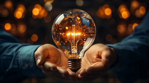 hand of businessman holding light bulb in dark office innovation and inspiration concept