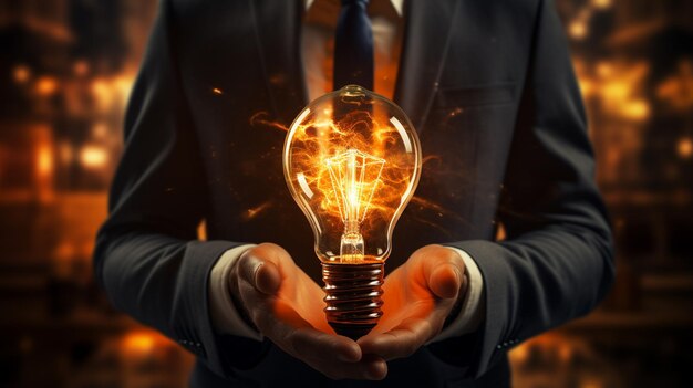 Photo hand of businessman holding light bulb in dark office innovation and inspiration concept