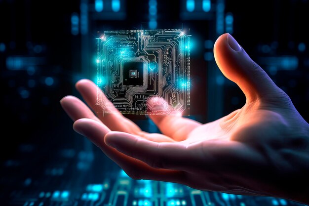 新技術仮想現実AIの象徴として仮想チップを持つビジネスマンの手