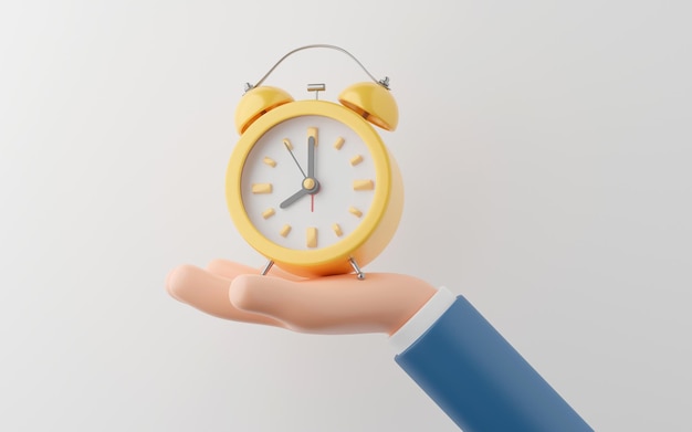 Hand of businessman holding a yellow alarm clock on white background 3d illustration