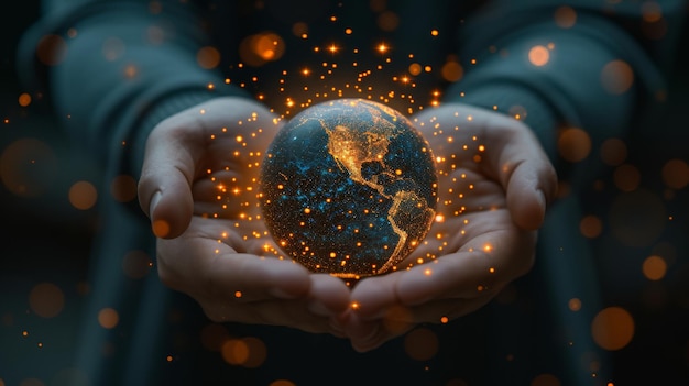 Рука бизнесмена держит вверх метавселенную ночную Землю и концепцию глобальной онлайн-сети с обменом данными и безопасными глобальными коммуникационными сетями