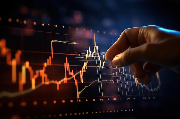 The hand of a businessman indicating a trade graph on a monitor