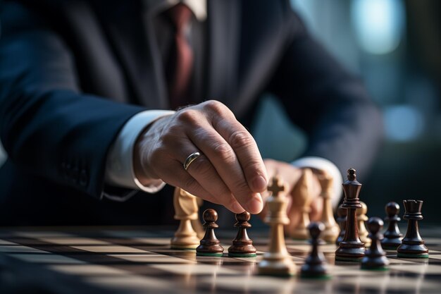 Hand of businessman moving chess figure in competition By generative Ai