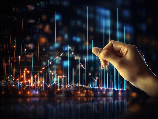 비즈니스맨의 손은 재정적 목표를 표시하기 위해 손가락을 만져 경제 비즈니스 그래프 계획 예측 마케팅 성장 투자 개념 인공지능 생성