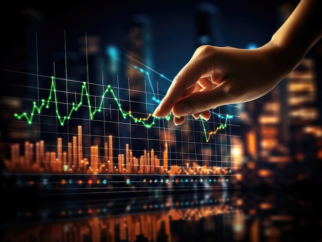 비즈니스맨의 손은 재정적 목표를 표시하기 위해 손가락을 만져 경제 비즈니스 그래프 계획 예측 마케팅 성장 투자 개념 인공지능 생성