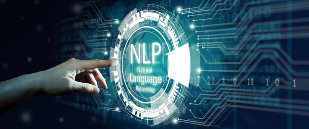 NLP 자연어 처리 인지 컴퓨팅 기술을 만지는 사업가의 손