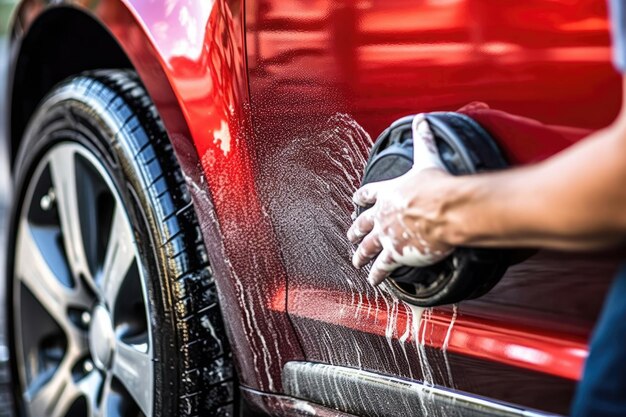 Foto lavaggio manuale di veicoli schiuma garage acqua automobile sapone auto servizio cura pulizia