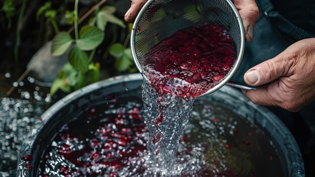 Foto una mano che versa con attenzione un liquido rosso intenso attraverso un setaccio a maglia fine separando qualsiasi residuo