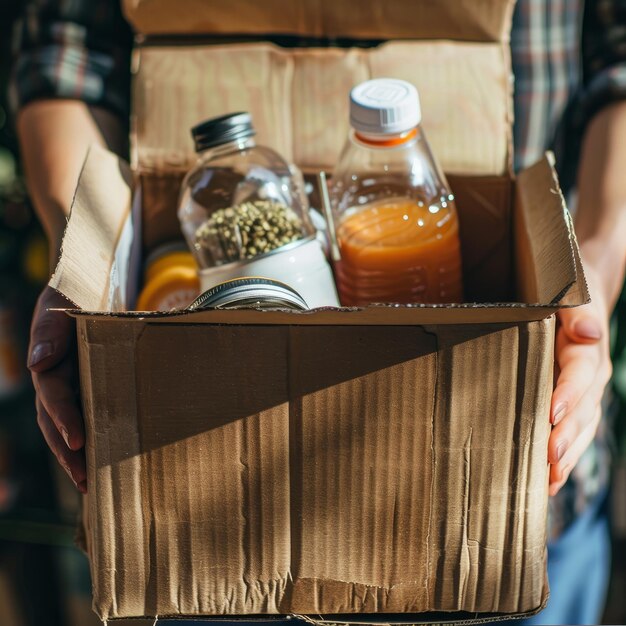 hand carrying box of grocery items bottles