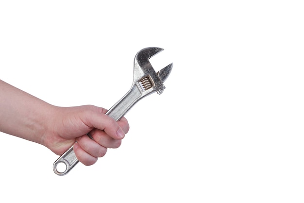 A hand carrying pipe wrench isolated over white background.