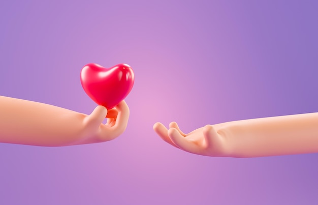 Hand of the cartoon character gives a valentine. Cartoon hand holds a red heart. Clipart, 3d render