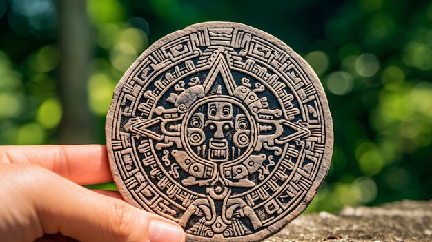 Photo a hand carved aztec calendar stone