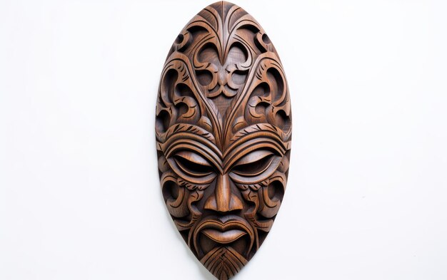 hand carved wooden mask on white background