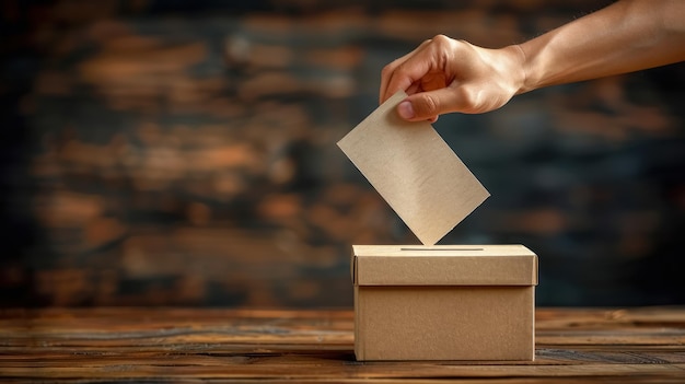 Hand Casting Ballot in Wooden Box Voting Concept