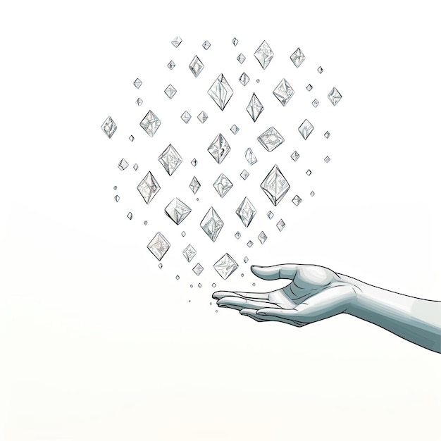 Photo hand catching falling diamonds illustration in the style of squiggly line