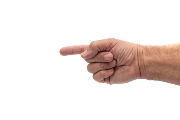 Hand of a caucasian man pointing with the index finger. Isolated on white background.