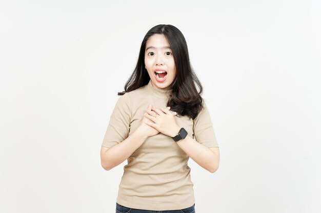 Hand on Chest Self Love Gesture Of Beautiful Asian Woman Isolated On White Background