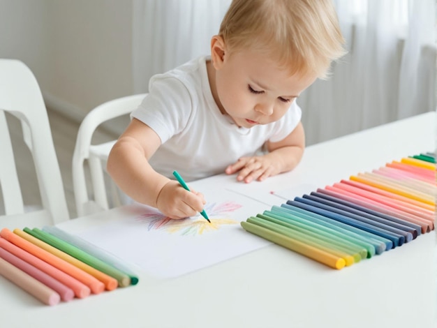 白い紙に子供の日という言葉で色とりどりの子供を描いている子供の手