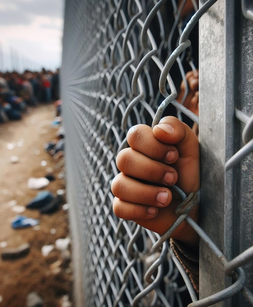 Hand of a child holding a wire fence in a refugee camp