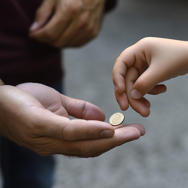 The hand of a child throws a coin into the hand of an adult closeup alms alms to the poor