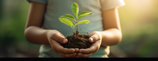 hand children holding young plant with sunlight on g